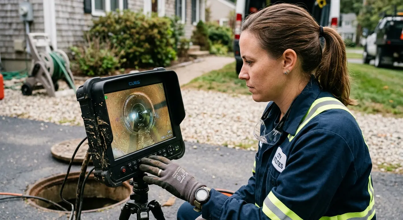 Technician reviewing sewer camera inspection footage in North Arlington