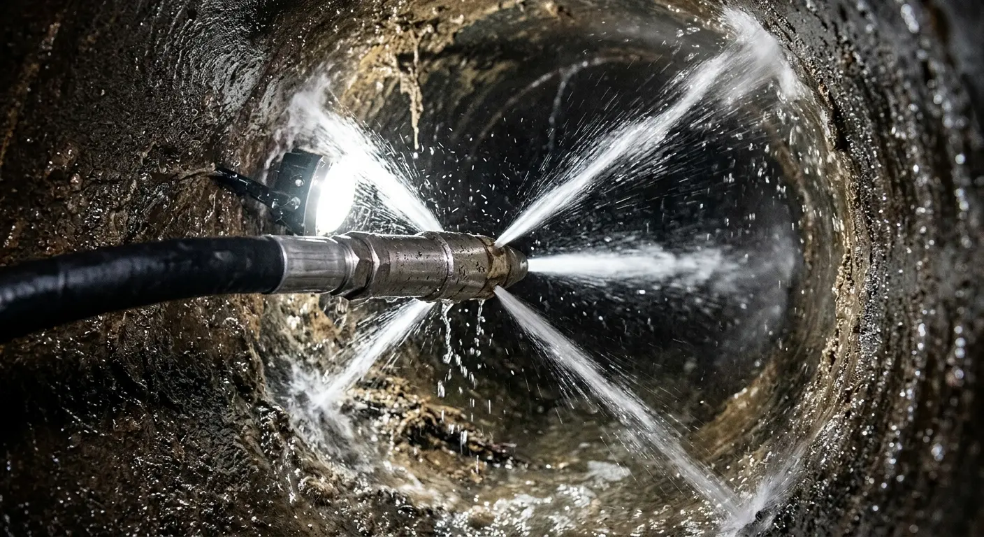 High-pressure hydro jetting nozzle cleaning sewer pipe for Trenchless Sewer Repair in North Arlington