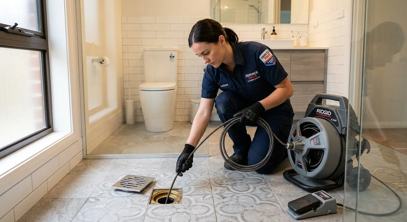Technician clearing a bathroom floor drain for Sewer Line Replacement in North Arlington